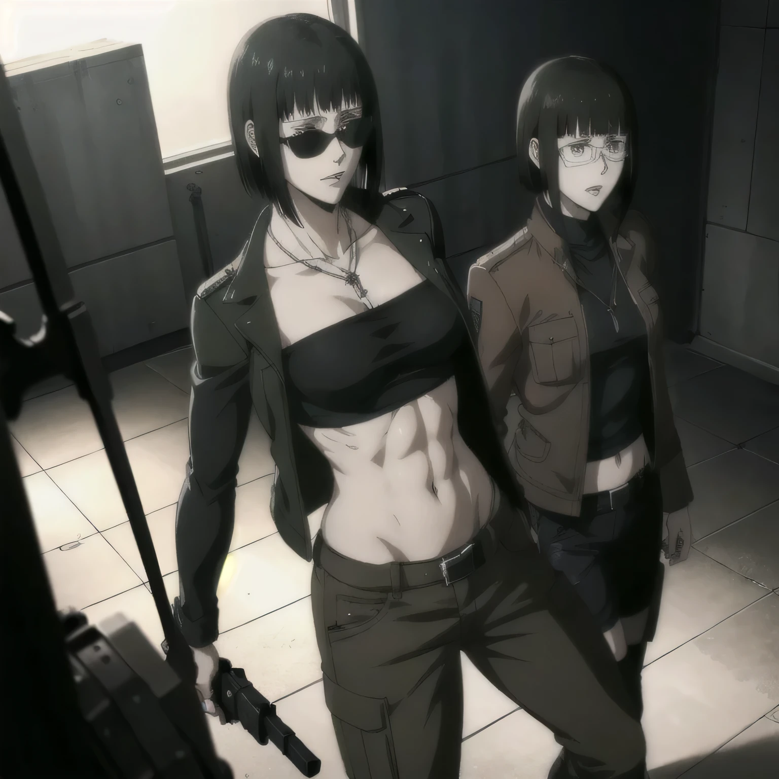 (best quality,ultra-detailed,realistic:1.37), , badass girl Sunglasses wearing midriff with leather jacket and combat trousers with long boots, full review of the female character's face and body, intense expression, strong and confident posture, studio lighting, vivid colors, physiologically-based rendering, grungy texture, rugged background, dust particles in the air, commanding presence, professional, powerful, gritty aesthetics,,Valmet،short hair,necklace,six-pack