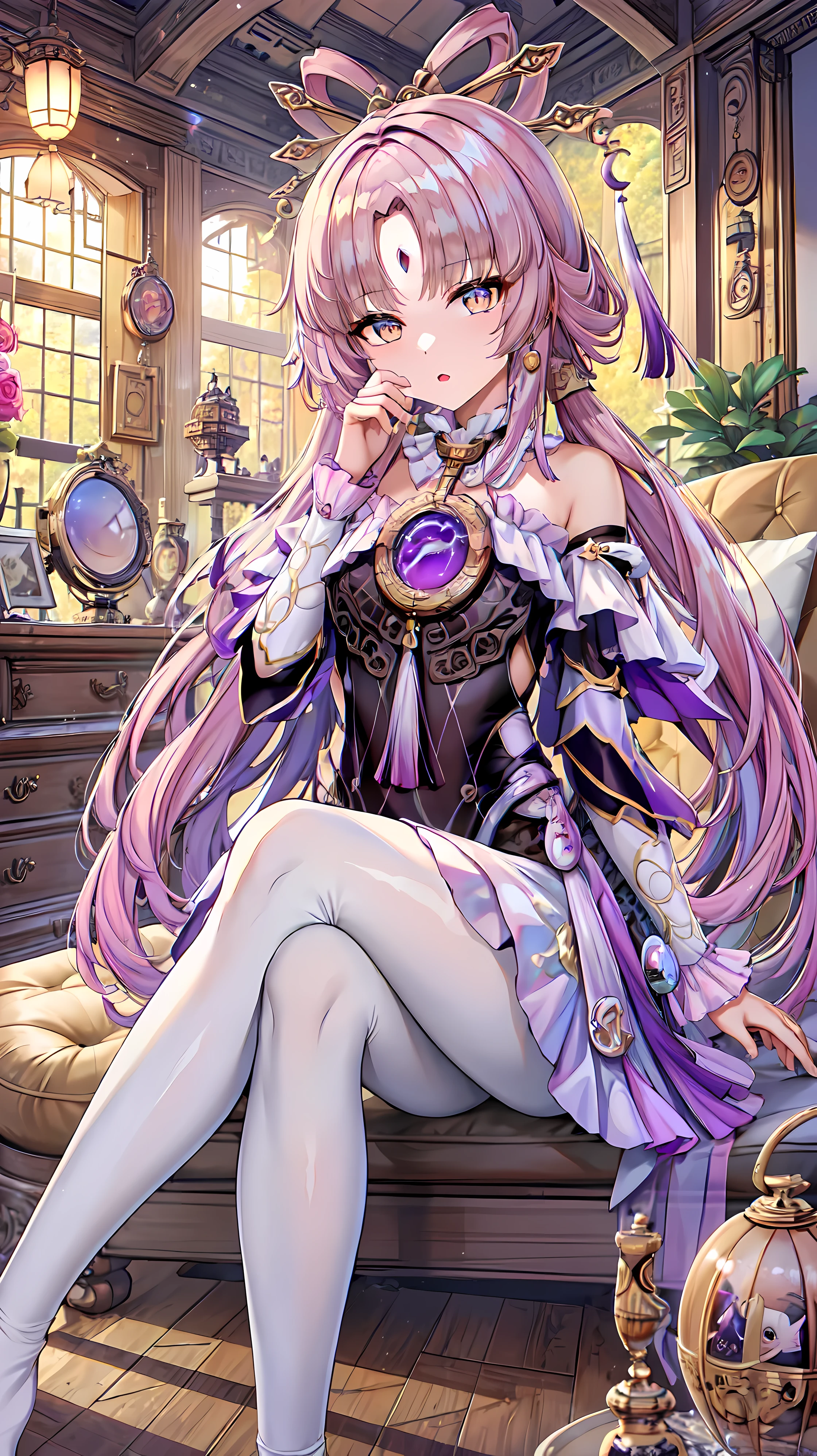 ((masterpiece,highest quality)), Super detailed, shine, shine light, ray tracing, (perfect face, detailed face, fine eyes,perfect hands), hd, super cute face,ray tracing,perfect lighting,highest quality, Super detailed, shine eyes, High resolution, 1 girl, Fuxuan, sitting, crossed legs, I don't have shoes, white pantyhose, look down, from below, indoors, (complex background, There are many elements in the background:1.2), ((Super detailed background)), ((8K wallpaper)), colorful background