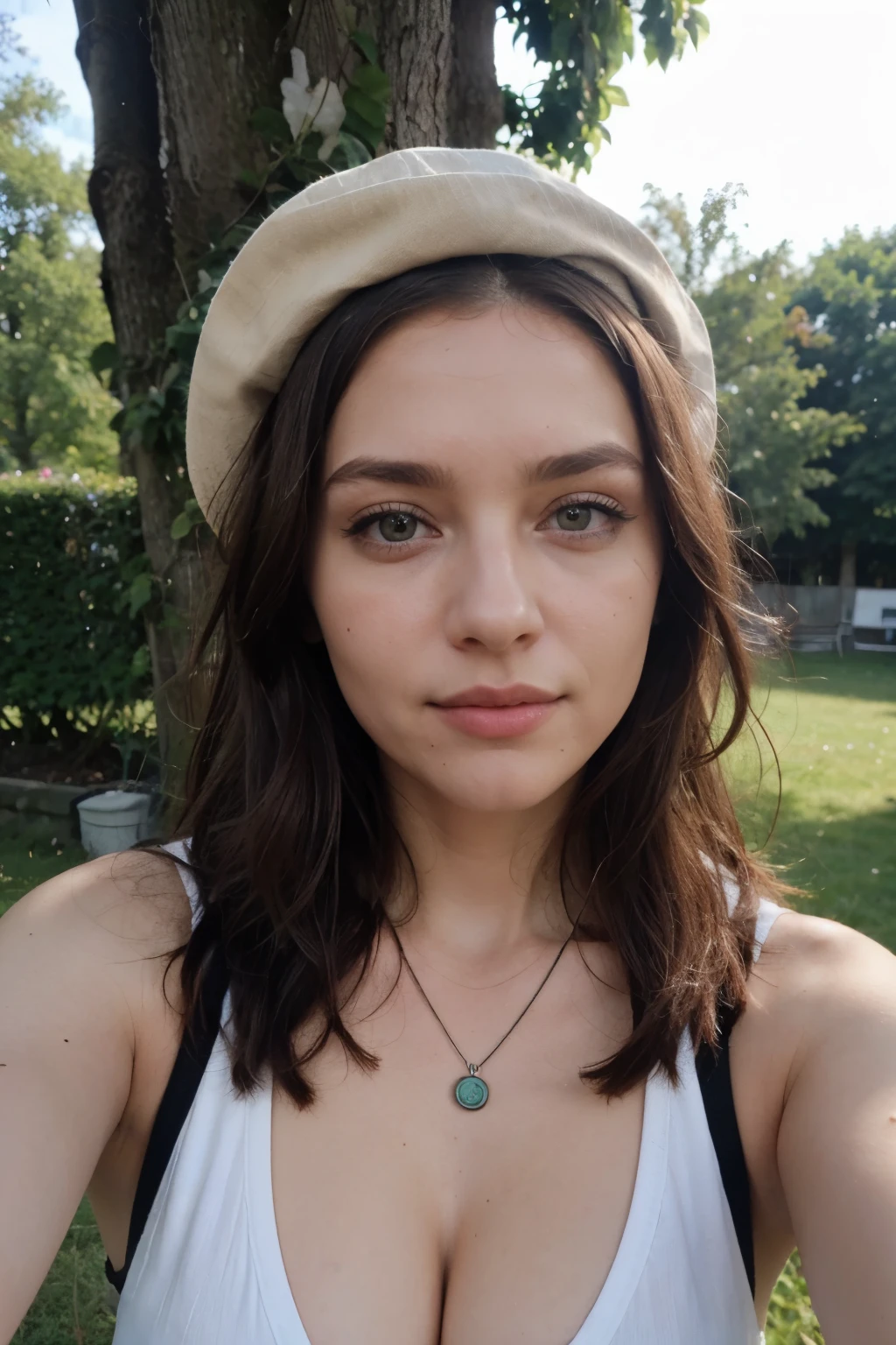 (Bitte erstellen Sie ein Bild einer jungen Frau, wearing a shirt and a necklace.. Sie hat braunes Haar, Large, blaue Augen, und ein subtiles, natural makeup look.Direkter Blick in die Kamera, Brunette in the garden. Das Selfie sollte dich ohne sichtbares Make-up zeigen., und sie sollte direkt in die Kamera schauen. Kleiner Reislin-Stil, closeup, Kamera nah am Gesicht und Large. Sexy Sommerkleid in Nahaufnahme, Knackarsch