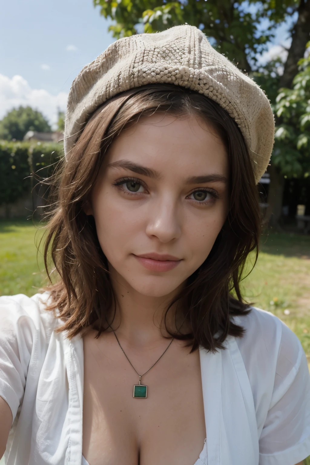 (Bitte erstellen Sie ein Bild einer jungen Frau, wearing a shirt and a necklace.. Sie hat braunes Haar, Large, blaue Augen, und ein subtiles, natural makeup look.Direkter Blick in die Kamera, Brunette in the garden. Das Selfie sollte dich ohne sichtbares Make-up zeigen., und sie sollte direkt in die Kamera schauen. Kleiner Reislin-Stil, closeup, Kamera nah am Gesicht und Large. Sexy Sommerkleid in Nahaufnahme, Knackarsch