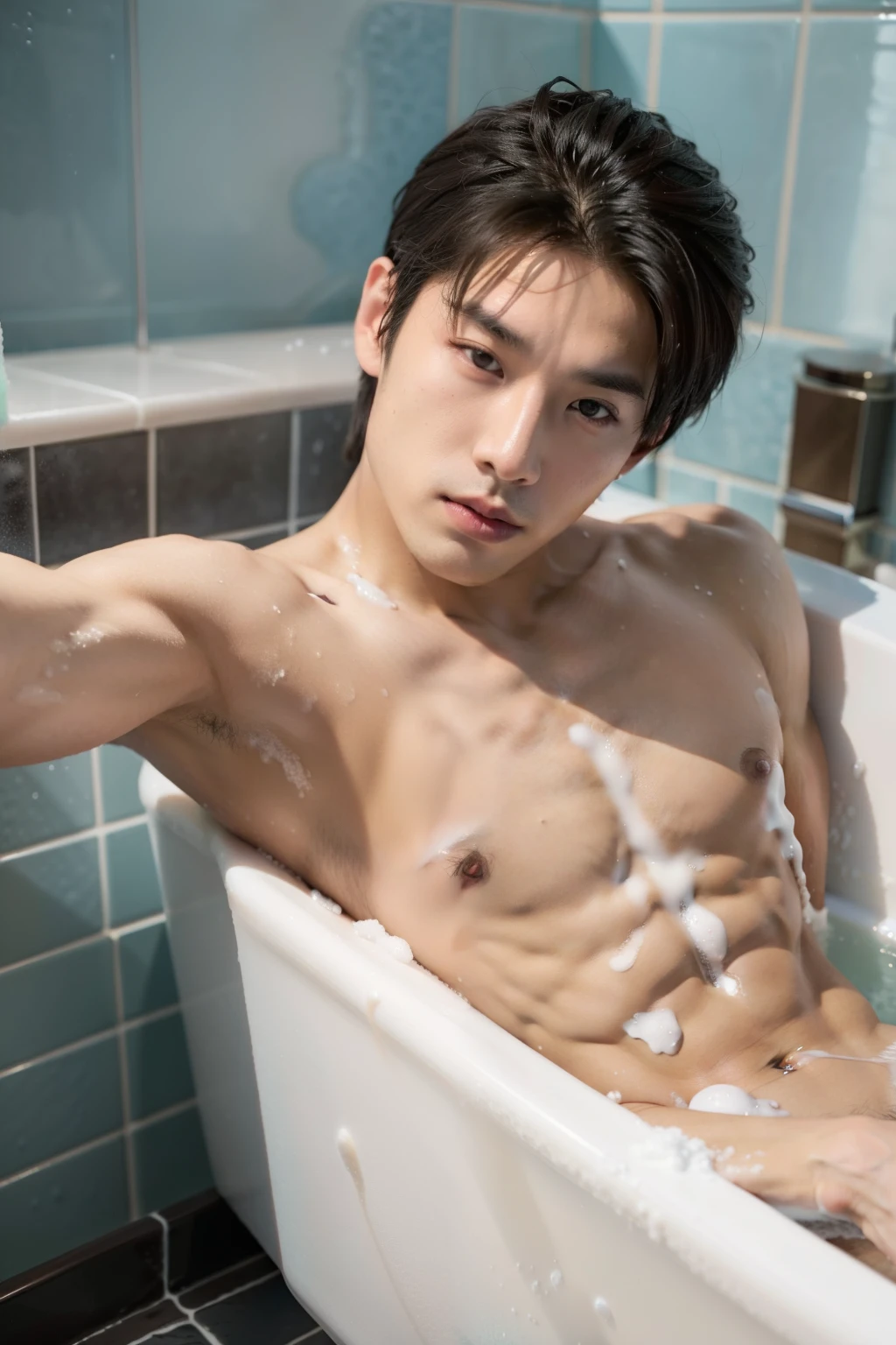 aiden,1 Asian muscular male, lying in the bathtub, filled with a lot of soap foam in bathtub, his half under body part is under the soap foam