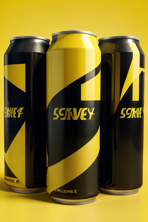 Imagine 3 yellow and black energy drink cans from an aerial view on a yellow background. Todo en 3D para comparar las 3 latas pero que o tengan letras
