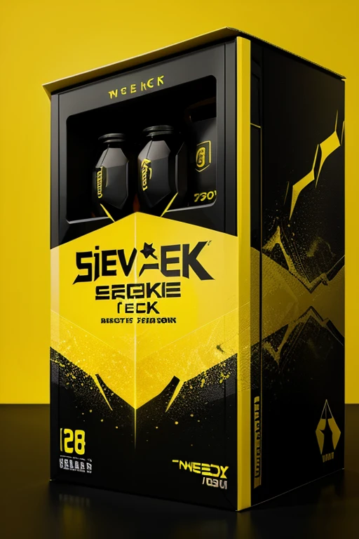 Imagine a yellow and black energy drink box on a yellow background. 
