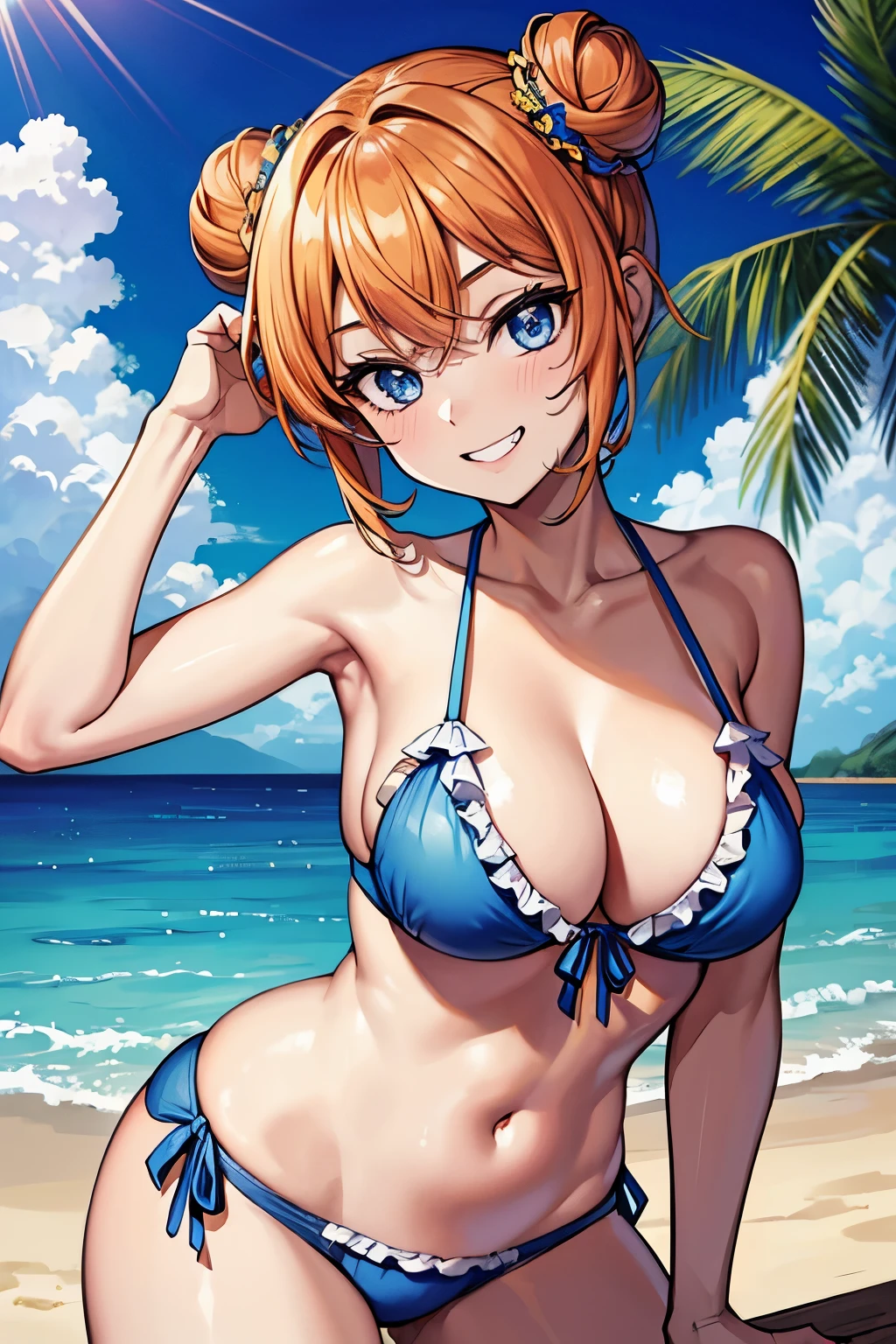 (masterpiece), best quality, expressive eyes, perfect face, 1girl, solo, tomboy, mature female, big breasts, short hair, Cleavage, orange hair BREAK hair buns, double buns, blue eyes BREAK cute smile, grin, standing, resort, palmtree, daytime, blue sky, frilled bikini, yellow bikini BREAK looking at viewer, underwater, pool