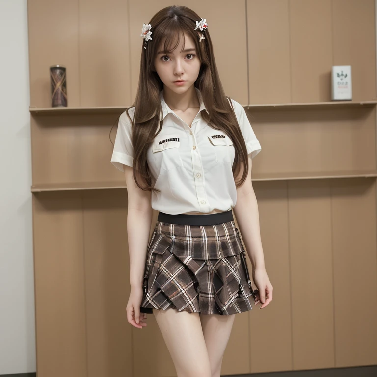 (masterpiece, best quality:1.2), 1girl, solo,standing_split, 
Mikan Yuuki, brown eyes, brown hair, hair ornament,long hair, black plaid short skirt, white sexy shirt,

