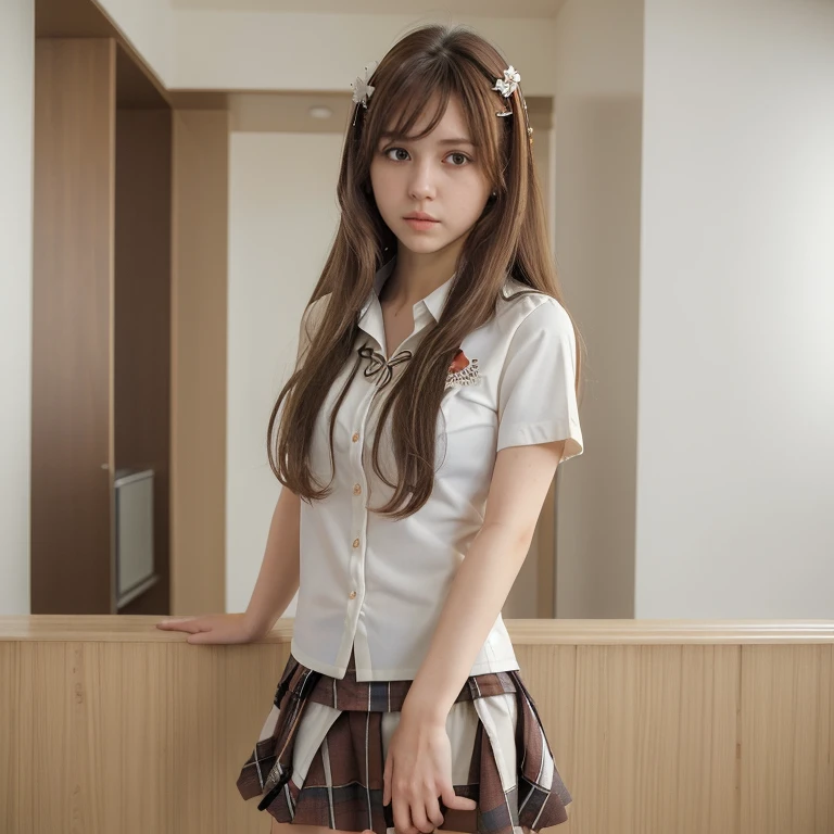 (masterpiece, best quality:1.2), 1girl, solo,standing_split,
Mikan Yuuki, brown eyes, brown hair, hair ornament,long hair, black plaid short skirt, white sexy shirt,