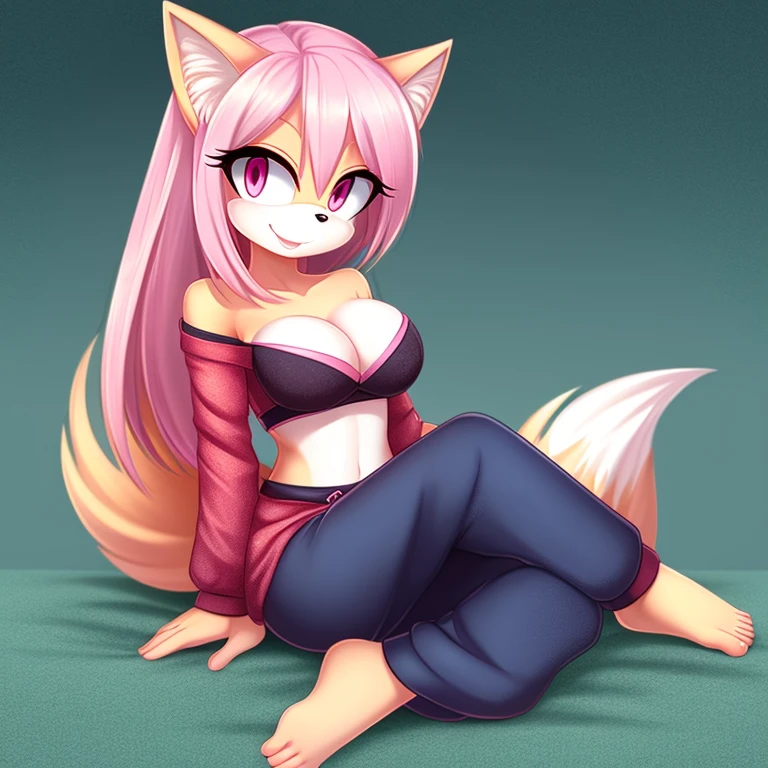 1girl, mobian fox, light pink eyes, light pink hair, extremely long straight hair, medium breasts, cleavage, happy, strapless crop top, pajama blue baggy pants, long sleeves, barefoot, japanese theme, portrait