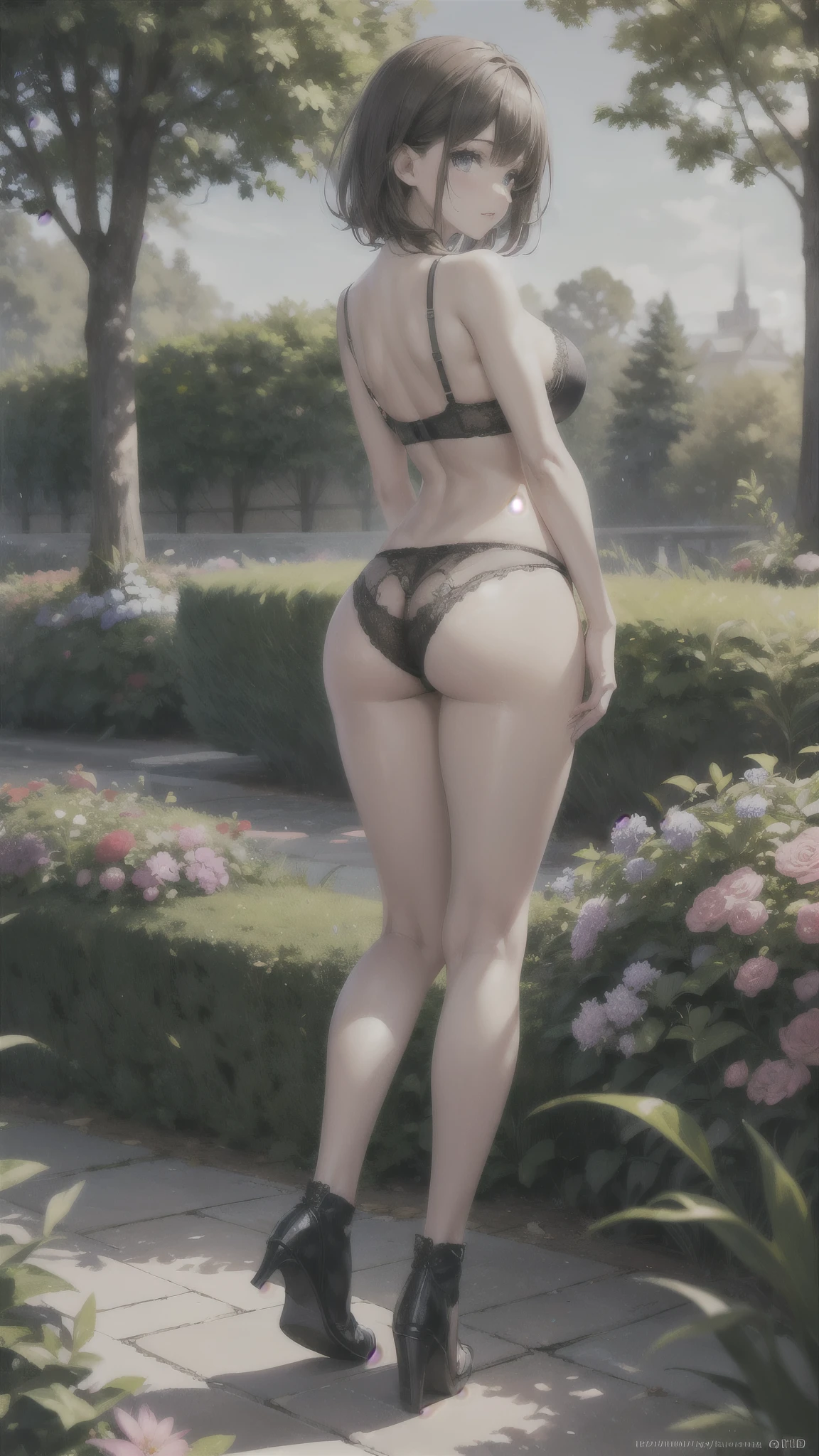 (Raw photo:1.2), (Photorealistic), Beautiful detailed girl, Very detailed eyes and face, Beautiful detailed eyes, Huge file size, High resolution, Very detailed, Best Quality, [masterpiece:1.6], Illustration, Very detailed, Fine detail, Best Quality, 32K Wallpaper, intricate details, in the garden, colorful flowers, beautiful young woman, short height, pixie cur hair, medium breast, low cut cotton panties and bra, full body photo, cameltoe, back view