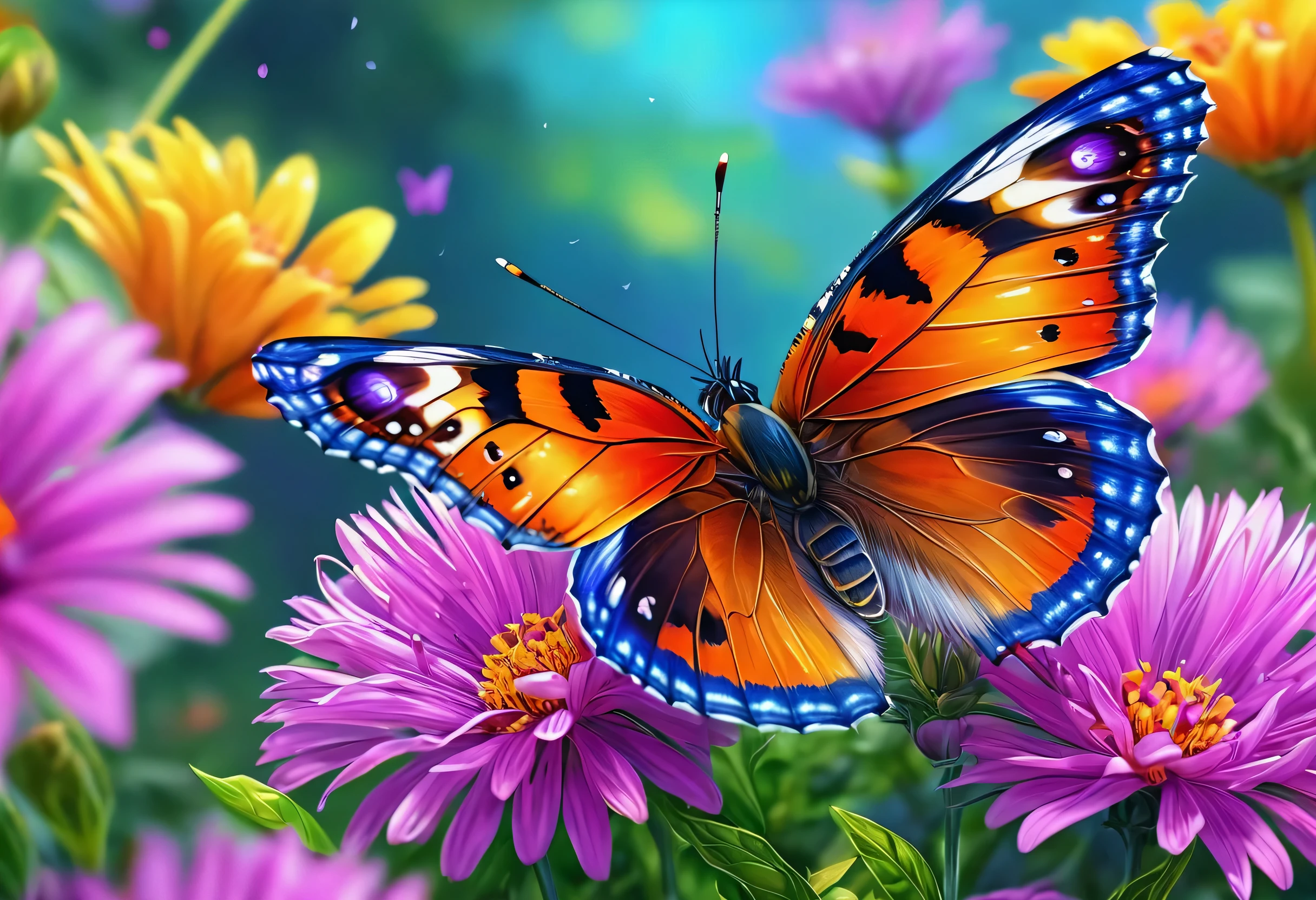 A brightly colored butterfly resting on a beautiful flower in the background, The butterfly is located in the center,The color of the background flowers will bring out the butterfly’s color.,4K high-definition digital art, beautiful digital paintings, detailed painting 4k, highly detailed digital paintings, highly detailed digital paintings, beautiful digital artwork, Beautiful art UHD 4K, amazing digital paintings, Stunning digital painting, beautiful digital art, Colorful 8 k, high quality digital paintings