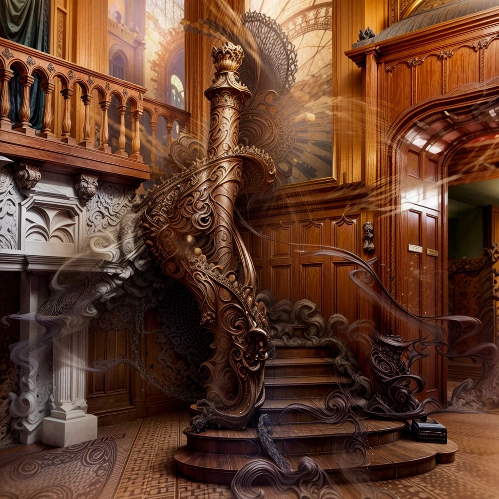 a close up of a staircase in a building with a painting on the wall, intricate castle interior, inside an epic gothic castle, gothic mansion room, gothic mansion, gothic interior, ornate and detailed, wide grand staircase, staircase, located in a castle, great masterpiece, wooden stairs, in a high renaissance style, 1 staircase, elegant and ornate, staircases