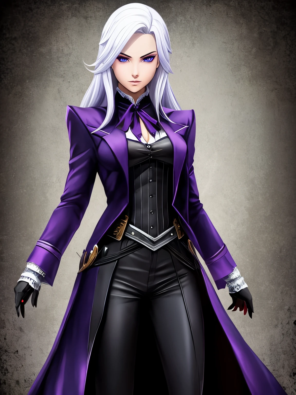 Girl, vampire, very tall. White hair and purple eyes. Black hands with long nails. Duke's suit, padded cloak
