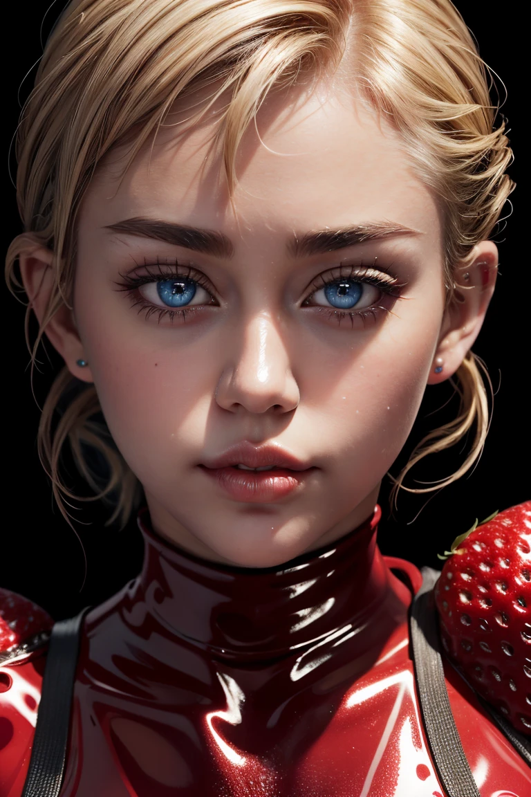 Miley Cyrus, wearing strawberry costume latex sexy clothes transparent. professionally retouched, soft lighting, realistic, smooth face, perfect eyes, sharp focus on eyes, 8 k, high definition, insanely detailed, intricate, elegant. in a natural background.