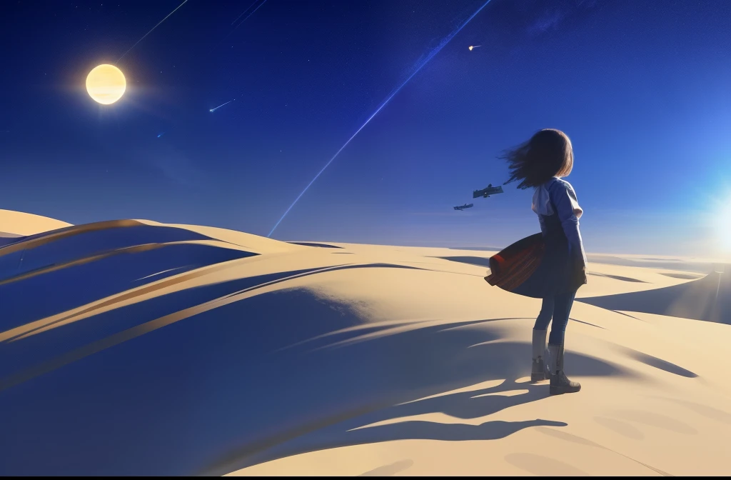 Hair floating in the air, back view, Look at the sun, There&#39;s a starship in the sky, Three suns,  with black hair, 12 year old girl, I stand in the steppes, landscape, Universe, 8 k, Super Detail