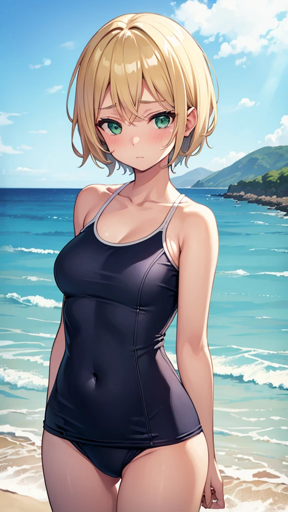 30year old women,blonde short hair,green eyes,medium breasts,(school swimsuit:1.2),embarrassed,beach,cowboy shot