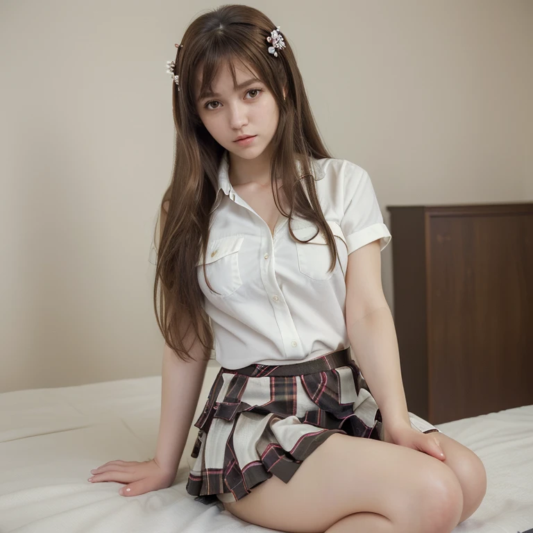 (masterpiece, best quality:1.2), 1girl, solo,sitting, seperating legs,
Mikan Yuuki, brown eyes, brown hair, hair ornament,long hair, black plaid short skirt, white sexy shirt,

