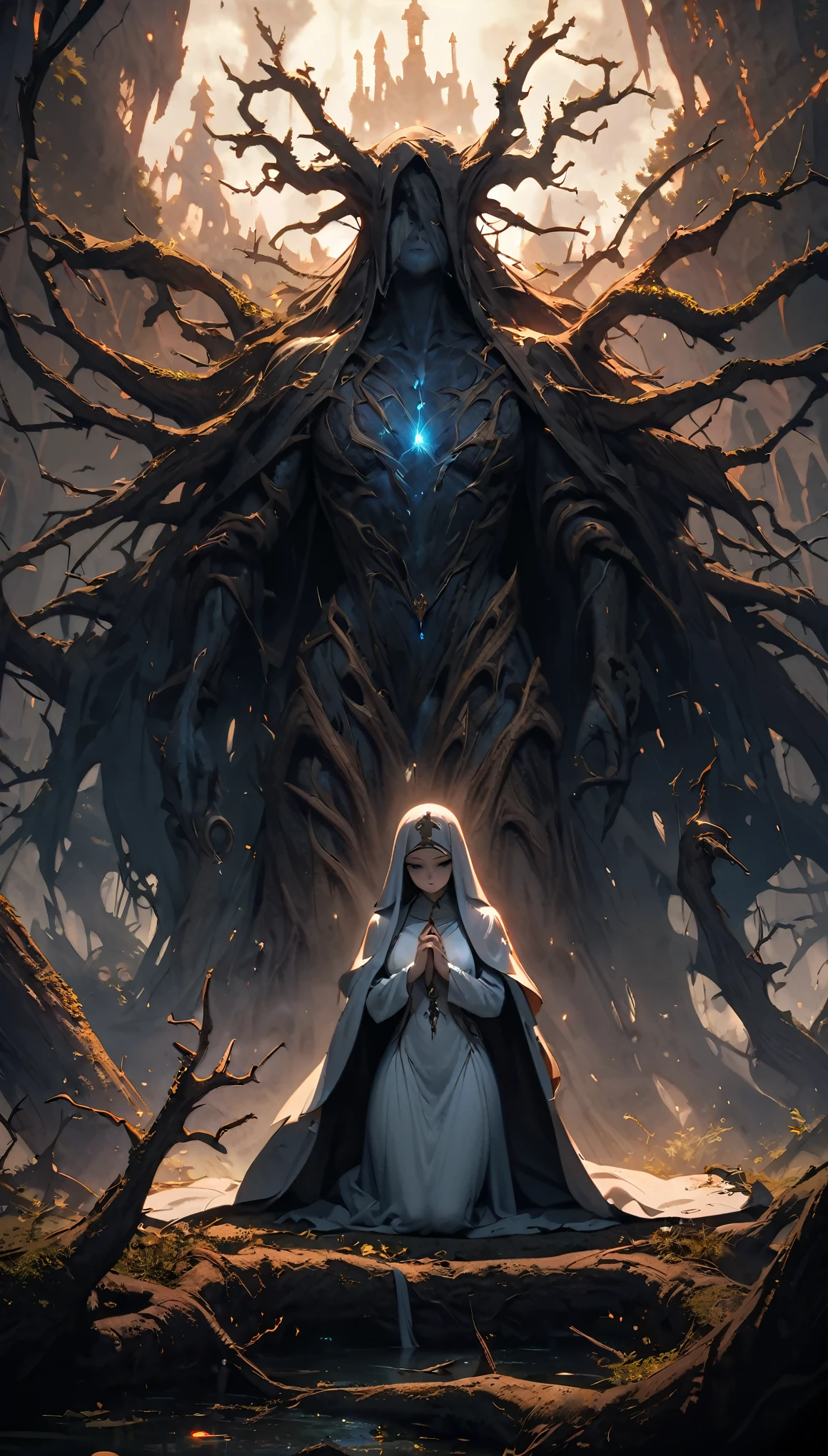 (best quality, masterpiece), dark fantasy world, nun of Fallen God, pray near broken statue of her God, (eerie mist shrouding the ancient trees ,twisted and gnarled branches), (hints of magical aura,evoking a sense of mystery), (sinister and otherworldly, supernatural presence, ethereal ambiance)