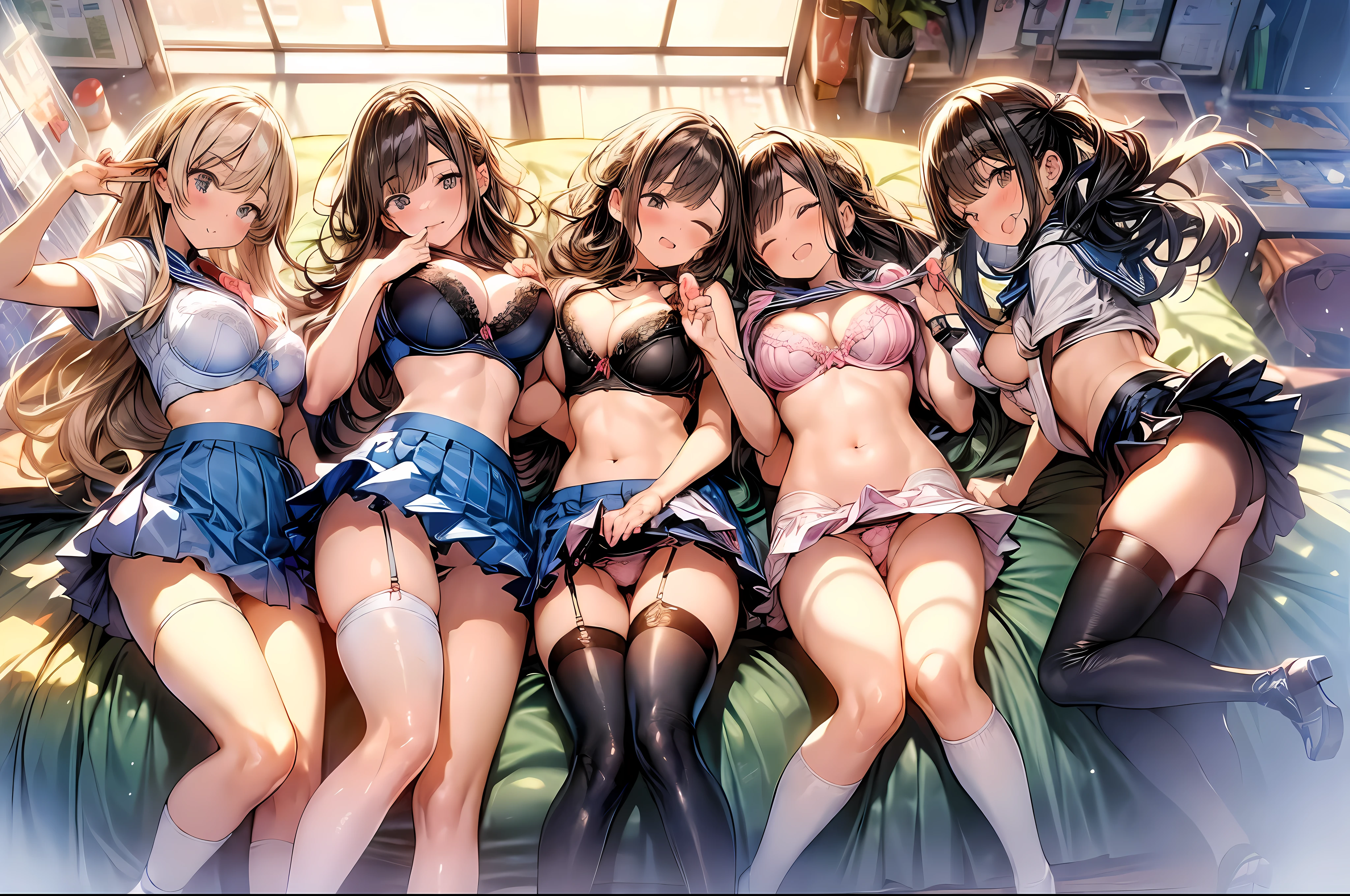 nswf:1.3,(masterpiece: 1.2, highest quality, masterpiece, Clearer images), (Bright colors), ((Take clear photos even from a distance)), (multiple girls), (Harem), (School classmates), (((All school uniforms have the same design))), (((Everyone is wearing the same navy blue skirt))), (()), ((prostitution woman)), (Prostitution Accommodation, on the bed), (cute Japanese((6 girls))), (((infant'f, ((group shot)), (group selfie), ((ass visible through thighs))、wide angle, soft light, ((((laugh with your mouth wide open)))), (slightly larger breasts), ((prostitution)), (lure), ((viewers love it)), (((A lot of hearts are flying))), Landscape、(((show panty:1.6)))、((((M spread legs:1.4)))、((female masturbation:1.8))、((breast grab:1.3)),(((bra lift:1.2)))、one eye closed、stick out one's crotch
