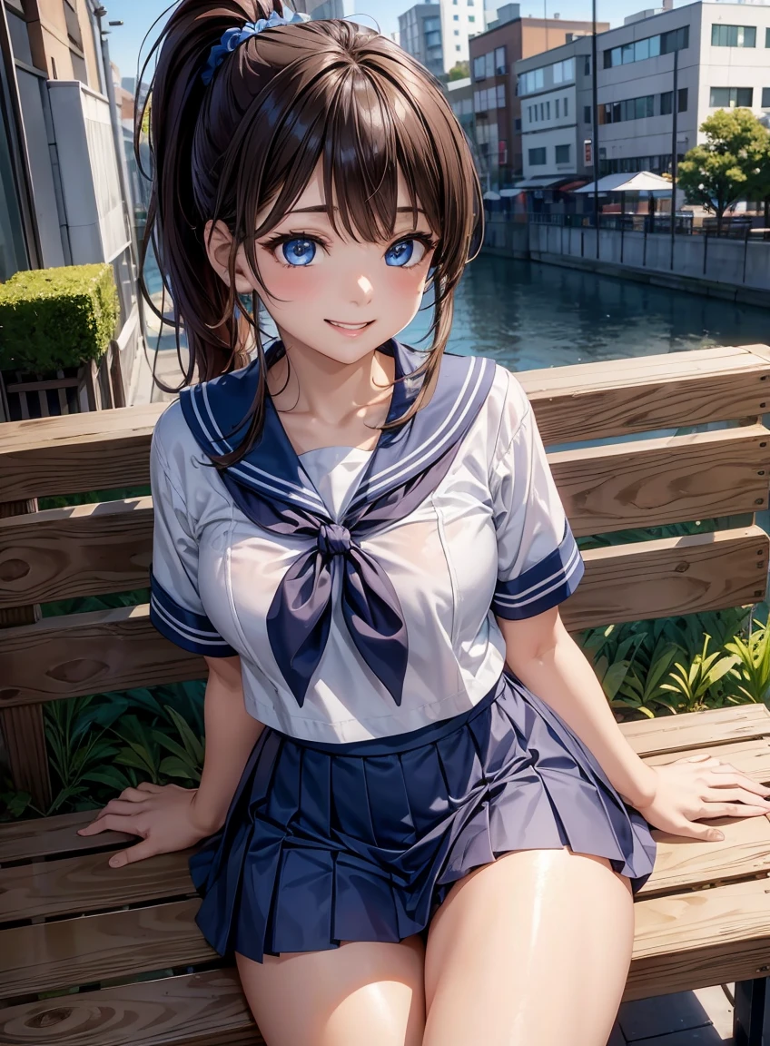 beautiful features、Japanese、brown hair、((ponytail、deep blue eyes:1.2))、shiny smooth hair, thick bangs、(bright smile:1.2), ((noise removal：1.2))、highly detailed eyes, highest quality, ultra high resolution, Beautiful and vivid illustrations、Ultra-realistic oily and shiny skin, Super fine, High resolution CG Unity 8K wallpaper, Raw photo, precise fingers, anatomically correct, sailor suit、navy pleated skirt、sit on a bench、Multi-tenant building、