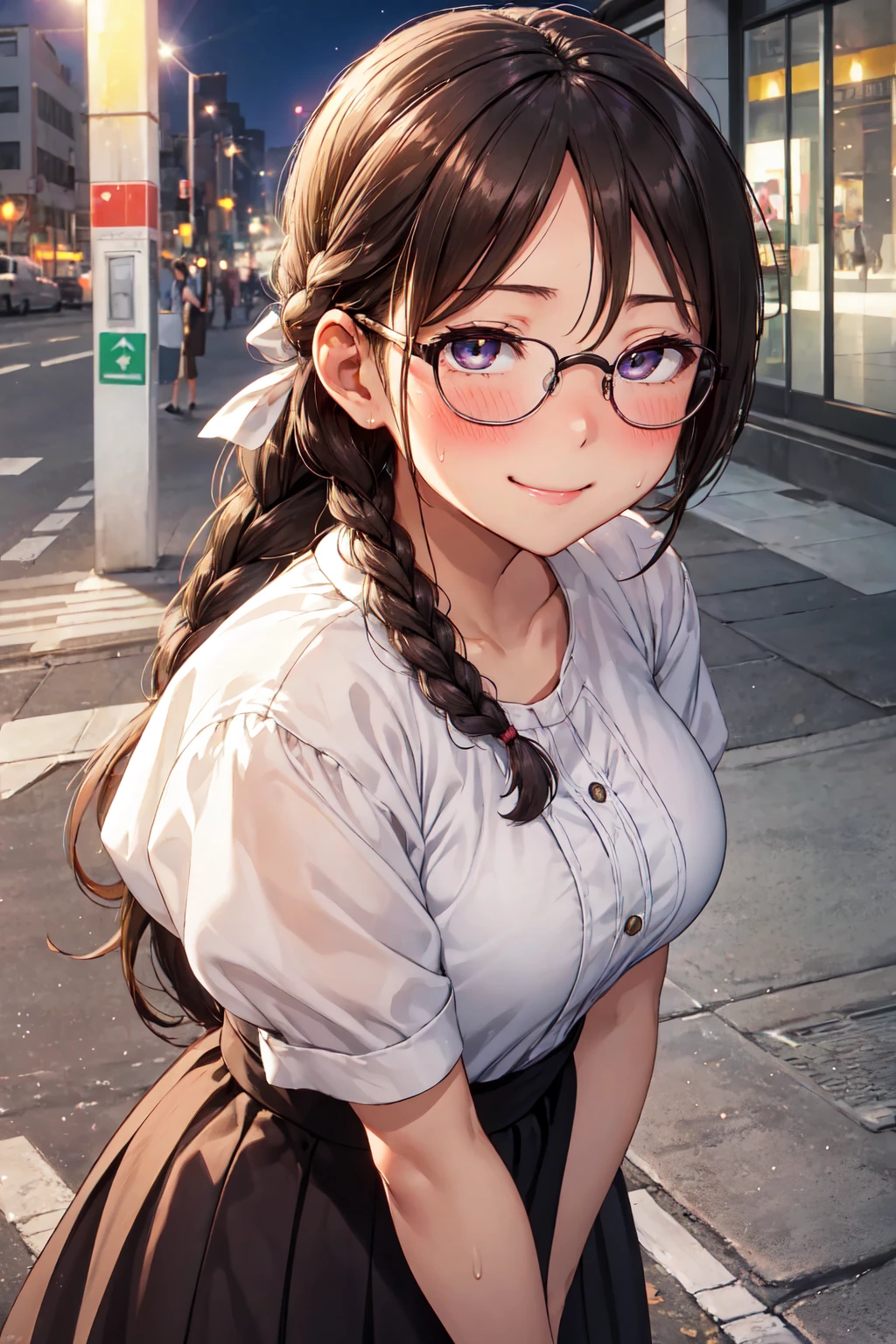 (high quality, High resolution, small details), sidewalk, side view, alone, girl, braid hair, , sparkling eyes, (large round frame glasses), (fine eyes), big breasts, ((gentle smile)), blush, Sweat, oily skin, (Focus plane), shallow depth of field