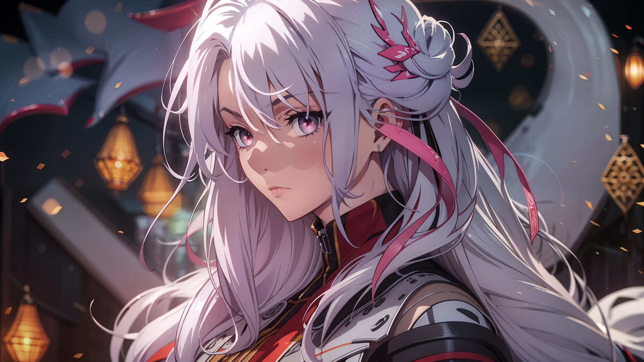 ((best quality)), ((work of art)), (detailed), perfect face, long wavy white hair, shiny hair, red eyes, full lips, villain, serious expression, villain pose, mid shot, portrait, Light Edge, Two-tone Lighting, (High Detail Skin: 1.2), 8K UHD, DSLR, Soft Light, High Quality, Volume Lighting, Candid Photo, High Resolution, 4K, 8K, Background Bokeh, dragon companion