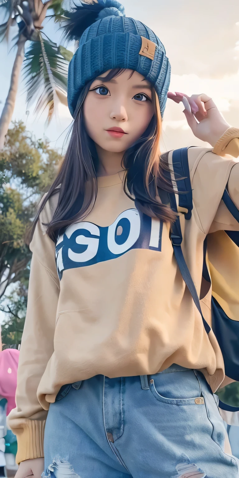 anime girl with a (((yellow backpack))) and (((four dogs in a field of coconut trees))), ((((blue eyes girl)))), (((The girl is wearing a beanie))), cute detailed digital art, adorable digital painting, ((((camera a front of character)))), artwork in the style of guweiz, realistic anime 3 d style, anime styled 3d, render of a cute 3d anime girl, made with anime painter studio, anime style. 8k, childrens art in artstation, anime visual of a cute girl,