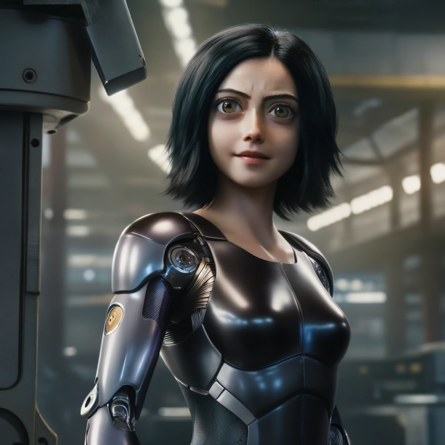 Alita1024, (full body), smiling, cyberpunk background, detailed eyes, full body, loking at the viewer, (loking at the viewer), full body, loking at the viewer, smiling, smiling, smiling, (smiling), smiling happy, happy smile, mechanical body, mechanical body.