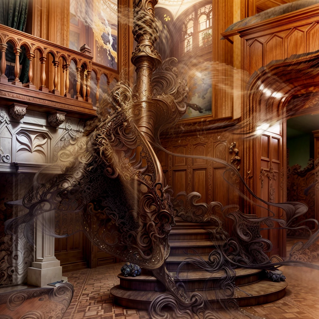 a close up of a staircase in a building with a painting on the wall, intricate castle interior, inside an epic gothic castle, gothic mansion room, gothic mansion, gothic interior, ornate and detailed, wide grand staircase, staircase, located in a castle, great masterpiece, wooden stairs, in a high renaissance style, 1 staircase, elegant and ornate, staircases