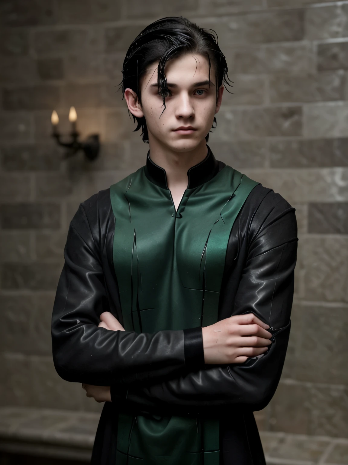 a Hogwarts male student, young and cute English teenage boy, black hair, wet hairstyle, sleek hairstyle, Slytherin house, sharp jawline