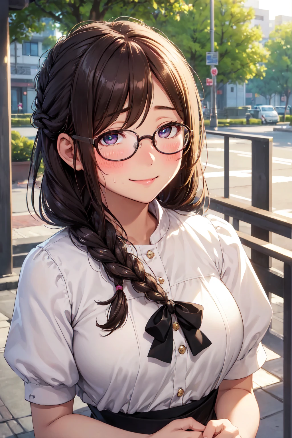 (high quality, High resolution, small details), sidewalk, side view, alone, girl, braid hair, , sparkling eyes, (large round frame glasses), (fine eyes), big breasts, ((gentle smile)), blush, Sweat, oily skin, (Focus plane), shallow depth of field