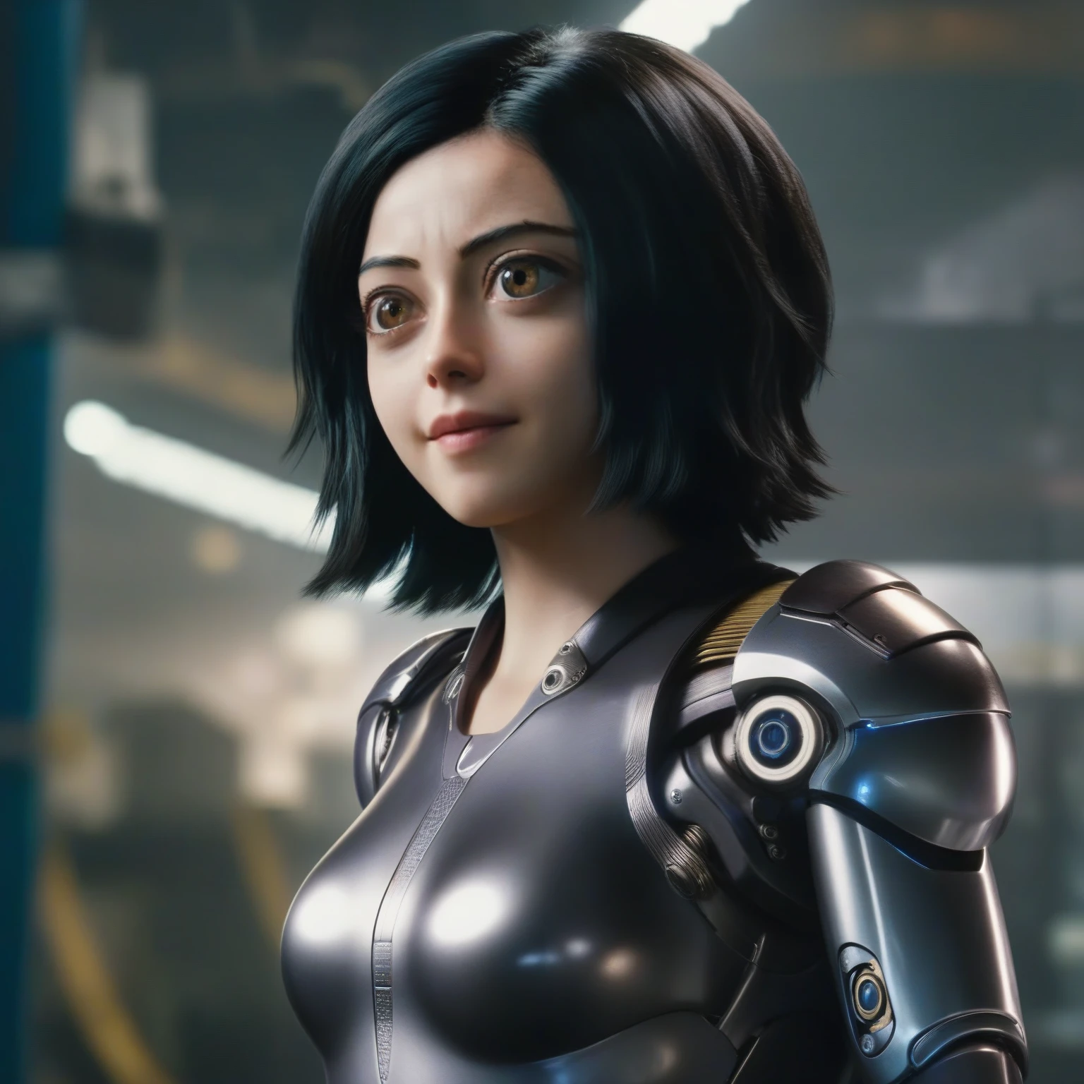 Alita1024, (full body), smiling, cyberpunk background, detailed eyes, full body, loking at the viewer, (loking at the viewer), full body, loking at the viewer, smiling, smiling, smiling, (smiling), smiling happy, happy smile, mechanical body, mechanical body.