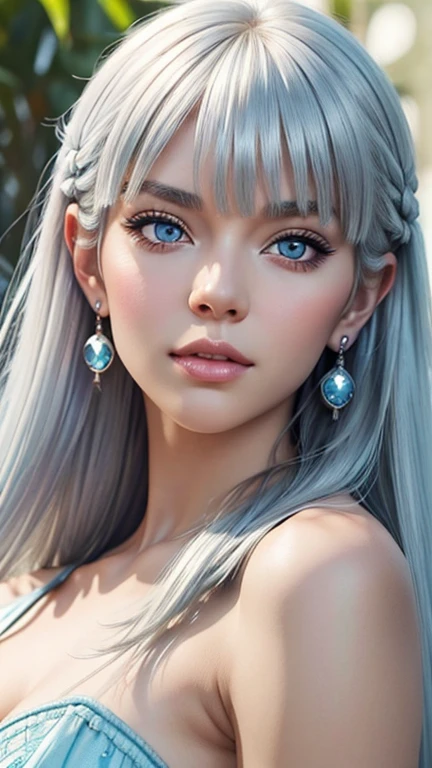 (Best quality, ultra realistic) 8k, dream aesthetic, dream atmosphere, 1 tall girl, beautiful cute girl, light cyan_eyes, flushed cheeks, ((long hair color [Silver blonde hair], [pixie cut with bangs] hair)), earrings, lips, short sleeve, realistic, proportional waist, charming, colorful makeup, long eyelashes, very white skin, pale skin, clear skin, (cute), (cute face), Detailed eyes, Detailed iris,