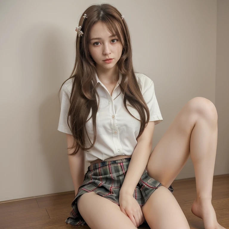 (masterpiece, best quality:1.2), 1girl, solo,sitting, sexy pose,
Mikan Yuuki, brown eyes, brown hair, hair ornament,long hair, black plaid short skirt, white sexy shirt, covering between legs