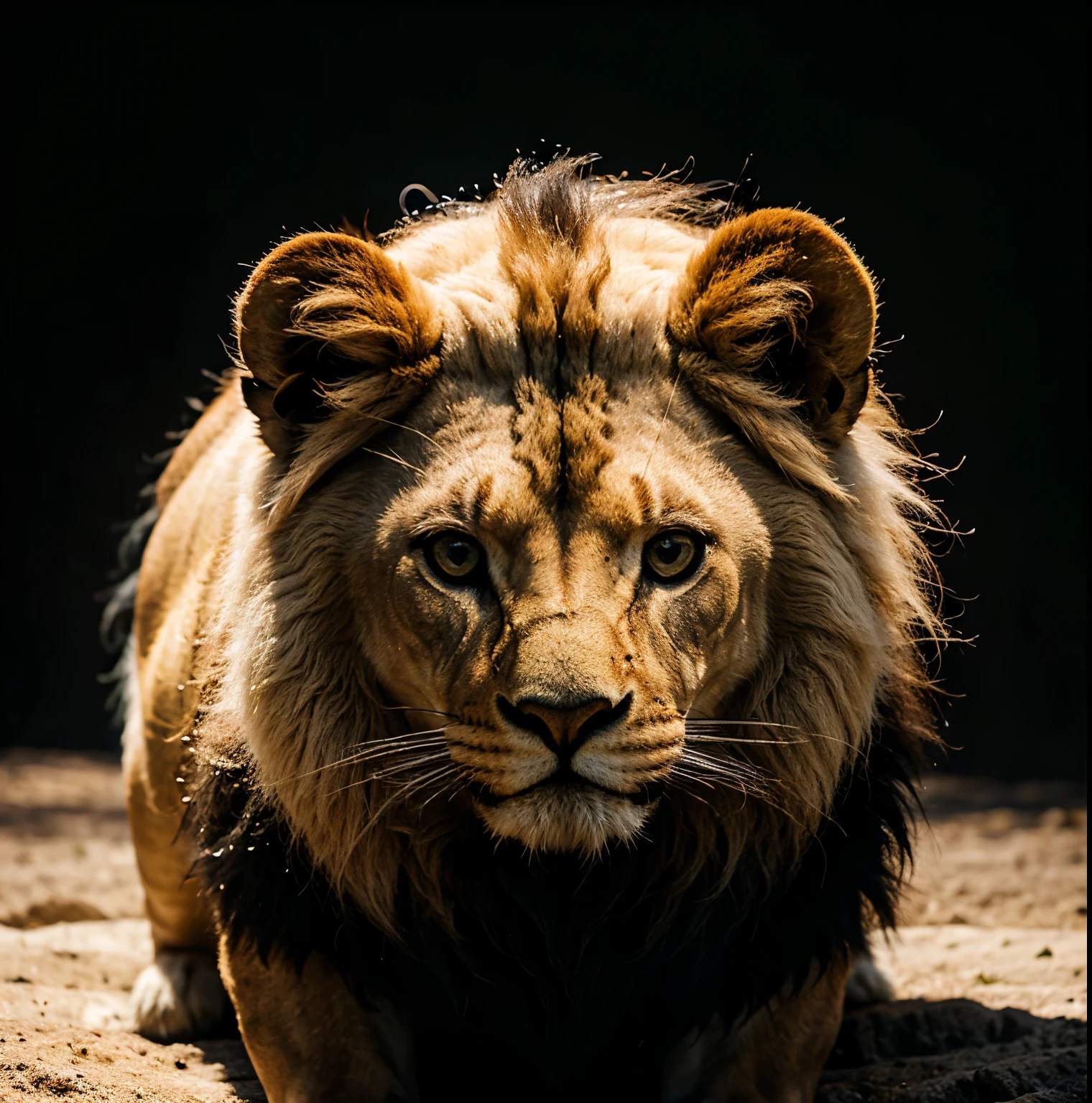 melhor quqalidade,8k high definition, 1 lion with white fur only its face with a black background in the shape of a shadow with the word "FOCO" em baixo do queixo