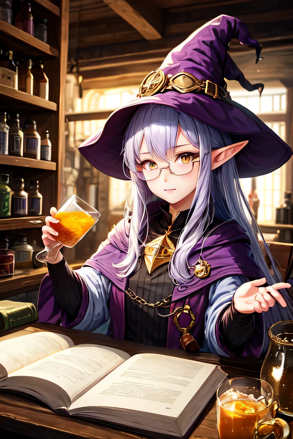 Anime style , young woman , witch , Young , purple hair , golden eyes , Best quality , calm look , traveler uniform , Alchemical equipment , brews a potion , glasses , half-elf , a stern look , Slightly open eyes
