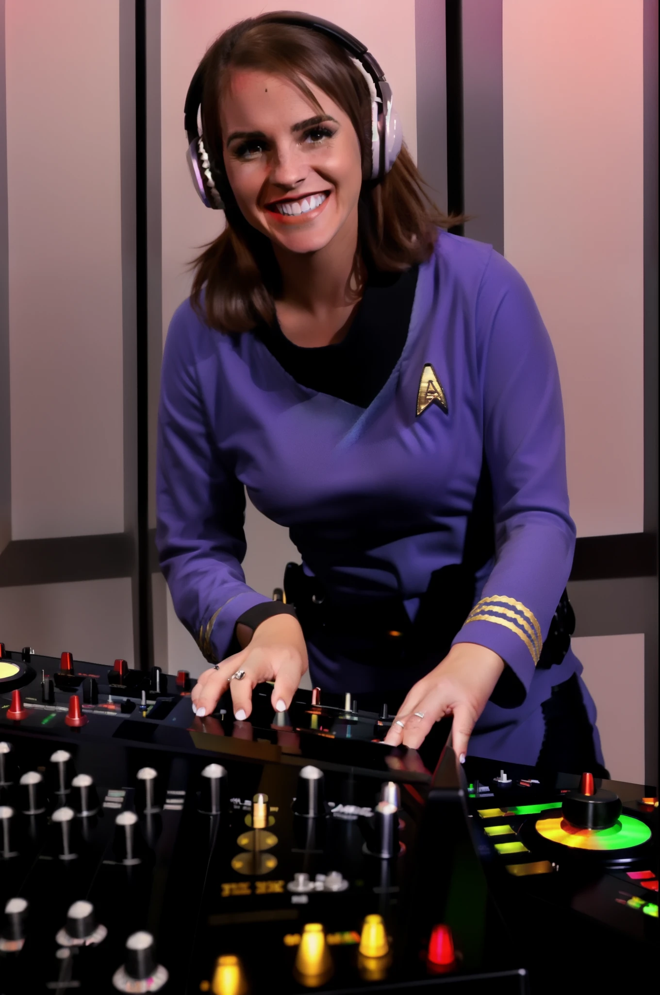 
female officer djdjing mixing on dj xonsole mixer smile wearing blue and black tosunfm uniform, 