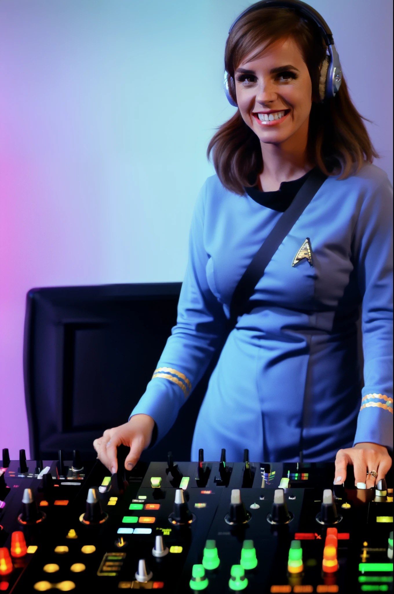 female officer djdjing mixing on dj xonsole mixer smile wearing blue and black tosunfm uniform,