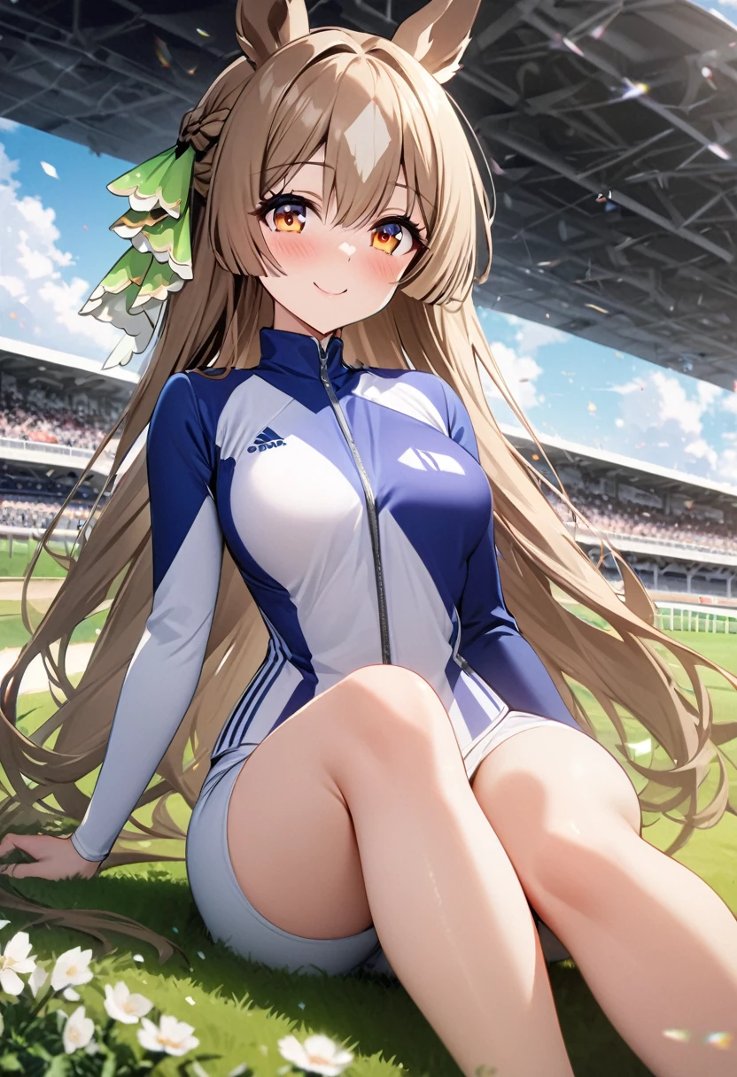 High resolution, high definition, high image quality,16k wallpaper,Perfect friend,perfect feet,perfect face,Inside the racetrack track,large number of spectators,A large amount of blizzard of flowers flows,smile,perfect feet.1 girl.(satono diamond),The perfect horse girl Competition clothes,