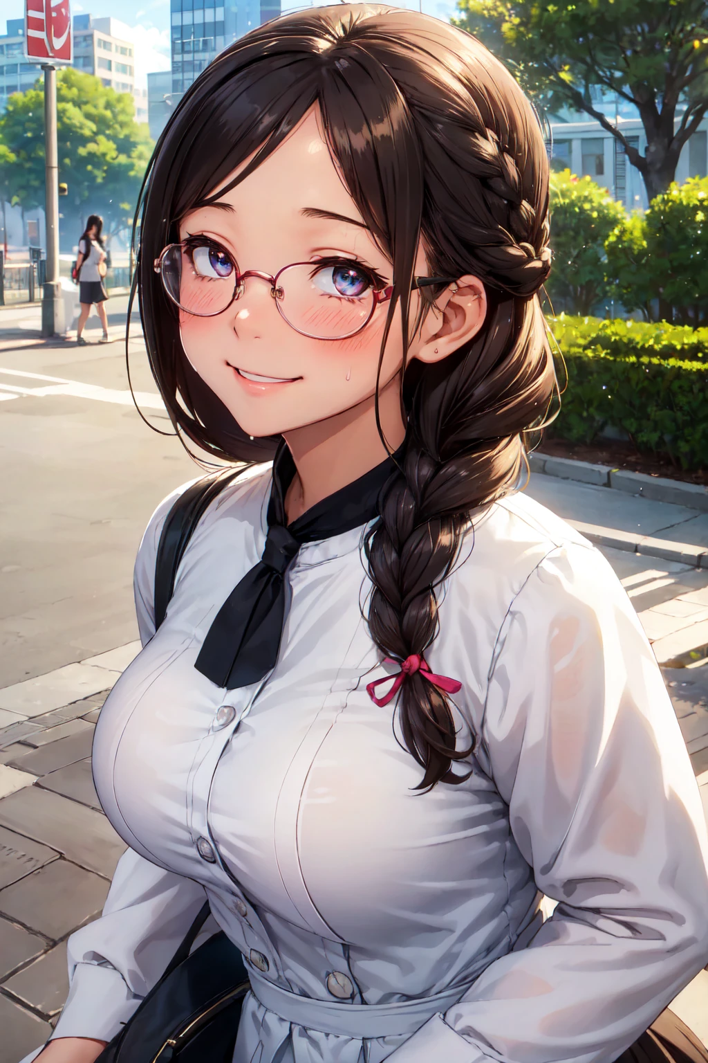 (high quality, High resolution, small details), sidewalk, side view, alone, girl, braid hair, , sparkling eyes, (large round frame glasses), (fine eyes), big breasts, ((gentle smile)), blush, Sweat, oily skin, (Focus plane), shallow depth of field,Disciplined smile,face with shadow