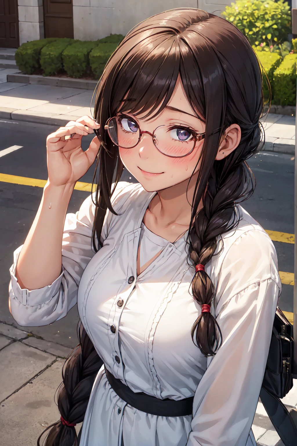 (high quality, High resolution, small details), sidewalk, side view, alone, girl, braid hair, , sparkling eyes, (large round frame glasses), (fine eyes), big breasts, ((gentle smile)), blush, Sweat, oily skin, (Focus plane), shallow depth of field,Disciplined smile,face with shadow