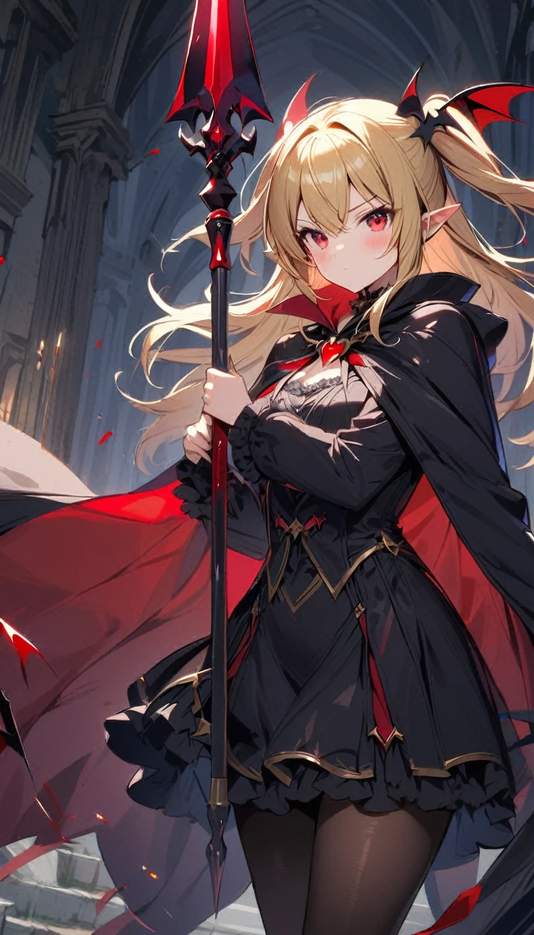 1girl, solo, blonde-hair, red-eyes, pointy-ears, looking-at-viewer, long-hair, pantyhose, vampire, holding, dress, two-side-up, black-pantyhose, hair-ornament, holding-weapon, weapon, black-dress, cape, bat-hair-ornament, standing, Spear, long-sleeves, blush, thick thighs, frills, holding-Spear, black-cape, closed-mouth, short-dress, floating-hair, ((Spear))