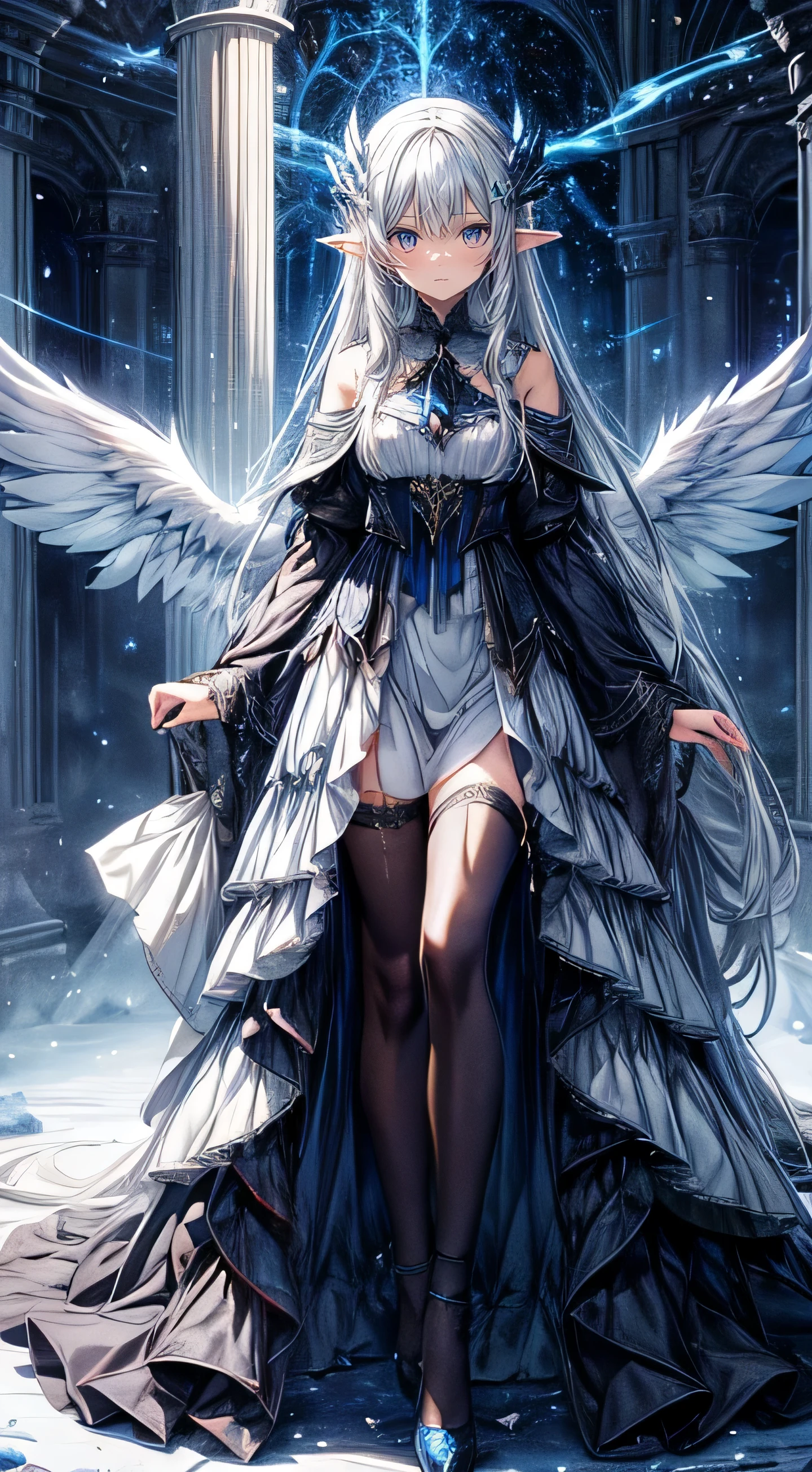 Alphinaud leveilleur, long elf ear, white long hair, deep forest, wings, stardust, dark blue and white dress, full body, blue glowing eyes, magic, forest background