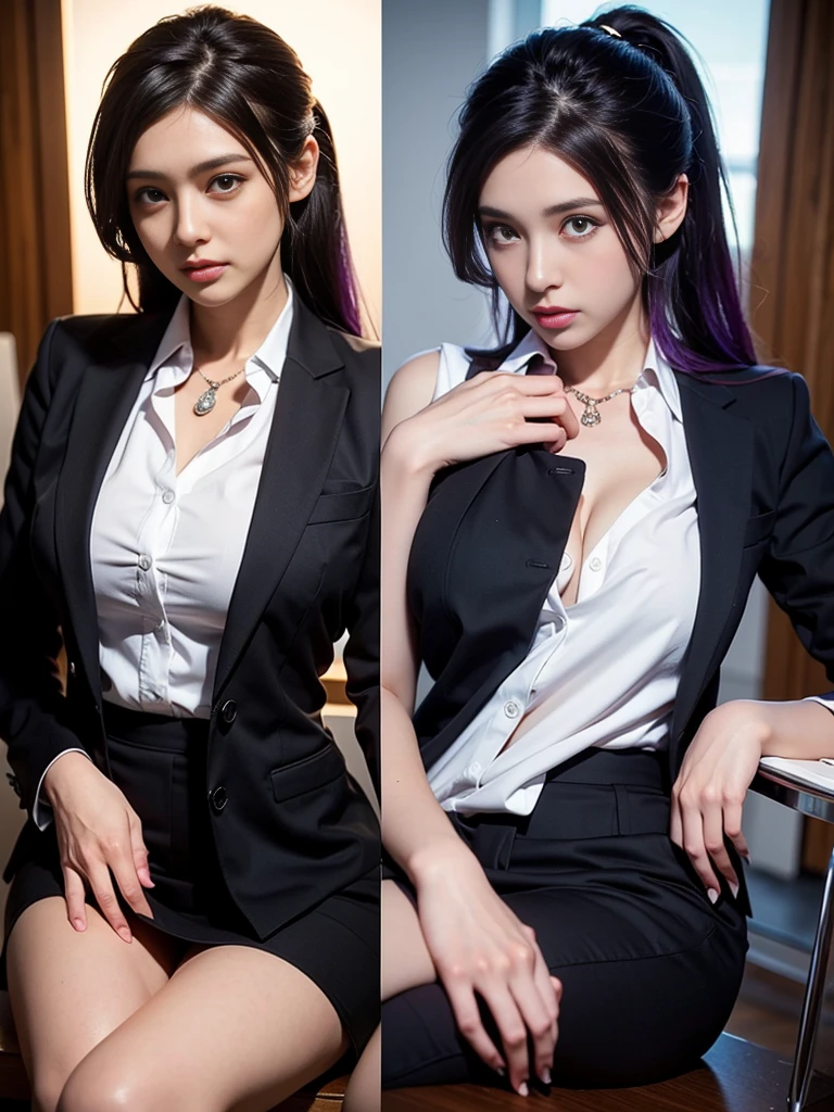 Beautiful woman, 25 years old, high ponytail, bright purple hair, perfect purple hair, Beautiful breasts, (Realistic skin),elegant upper class wearing a black pantsuit, black jacket, white shirt, cleavage visible, black pumps, and a business shirt. Elite secretary, working in the office, wearing a strict business suit, pantsuit style, wearing luxury high heels, girl wearing a shirt, wearing a business suit, wearing a business suit, black nail art, business Wearing a suit, Businessman, Business clothes, Wearing a black business suit, Wearing a white shirt and black jacket, Woman in a business suit, Business suit, Business attire, Raw photo, (8K, highest quality, Masterpiece: 1.2), (Complex Detail: 1.4), (Photoreal: 1.4), Octane Rendering, Complex 3D Rendering Super Detail, Studio Soft Light, Rim Light, Vibrant Detail, Super Detail, Realistic Skin texture, surface details, beautifully detailed eyes, highly detailed CG Unity 16k wallpaper, supplement, (detailed background:1.2),