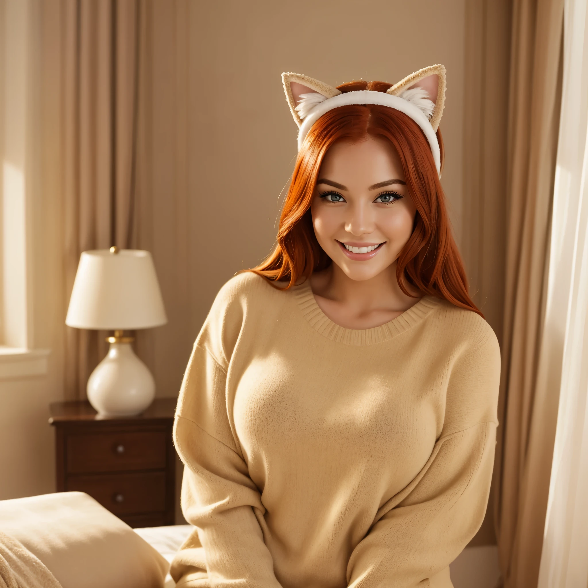 A smiling 28-year-old redhead with a curvy body with a beauty that makes you fall in love when you see her, she is alone while she looks forward smiling, realistic, she is wearing a beige sweater with a cat ear headband, she is taking a smiling selfie in a very luxurious room giving an atmosphere of sensuality