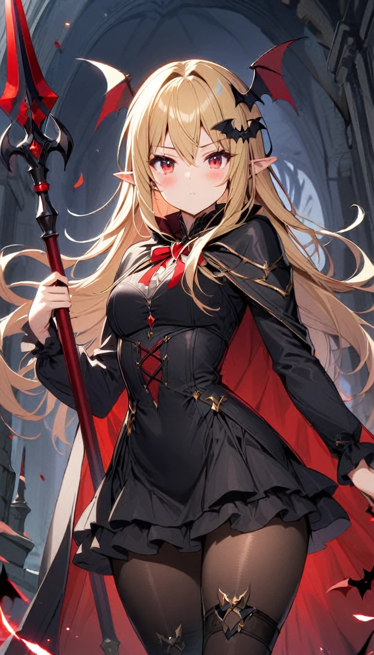 1girl, solo, blonde-hair, red-eyes, pointy-ears, looking-at-viewer, long-hair, pantyhose, vampire, holding, dress, black-pantyhose, hair-ornament, holding-weapon, weapon, black-dress, cape, bat-hair-ornament, standing, Spear, long-sleeves, blush, thick thighs, frills, holding-Spear, black-cape, closed-mouth, short-dress, floating-hair, ((Spear))