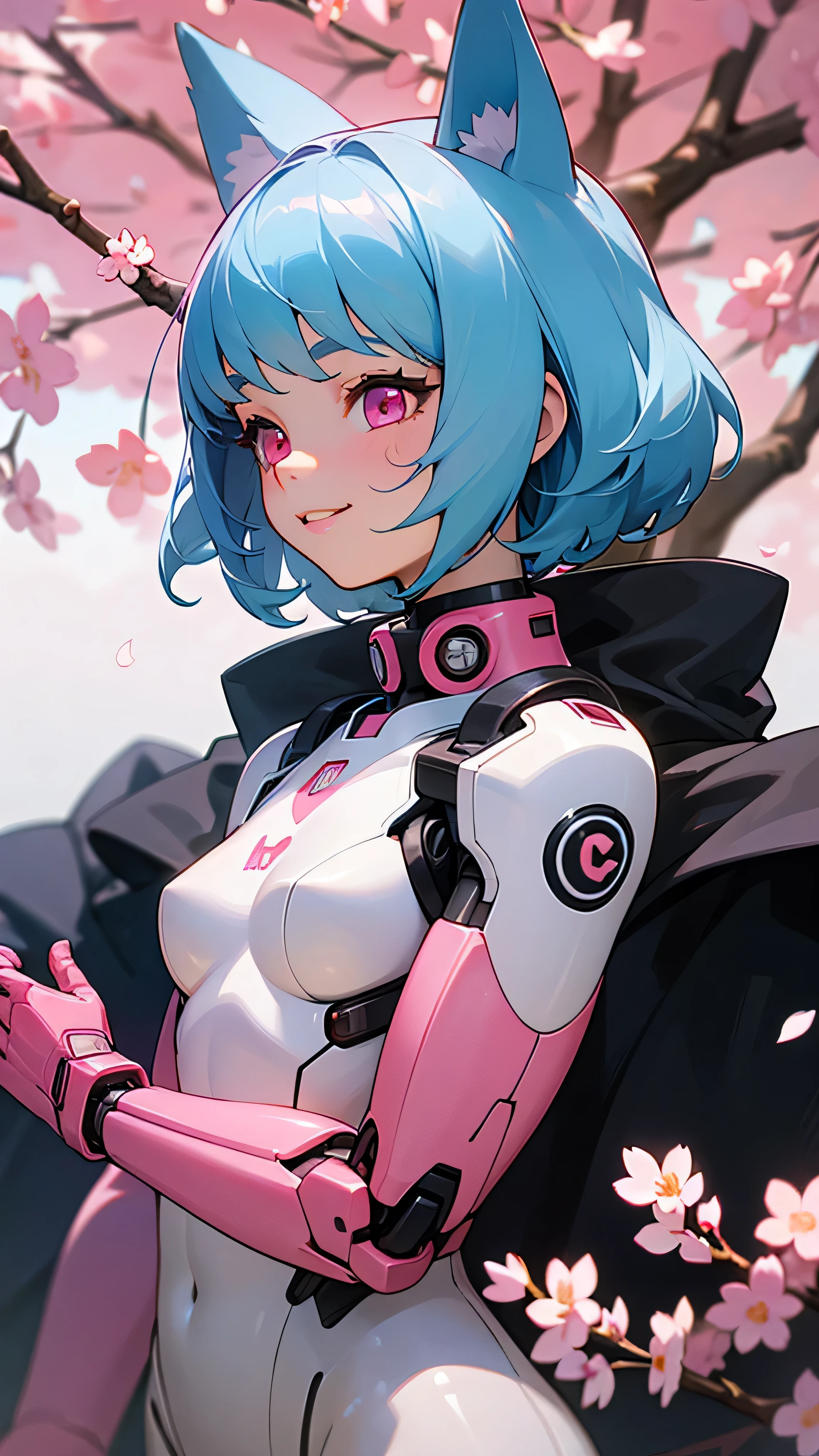 (highest quality、Extra fine、real)、Genki Girl、small breasts、Bodysuits that fit the body、cybernetic body parts、light blue hair、dog ears、pink eyes、From the side、gloves、bright smile、stand in front of a cherry tree、upper body close-up、cherry blossom park、sharp outline