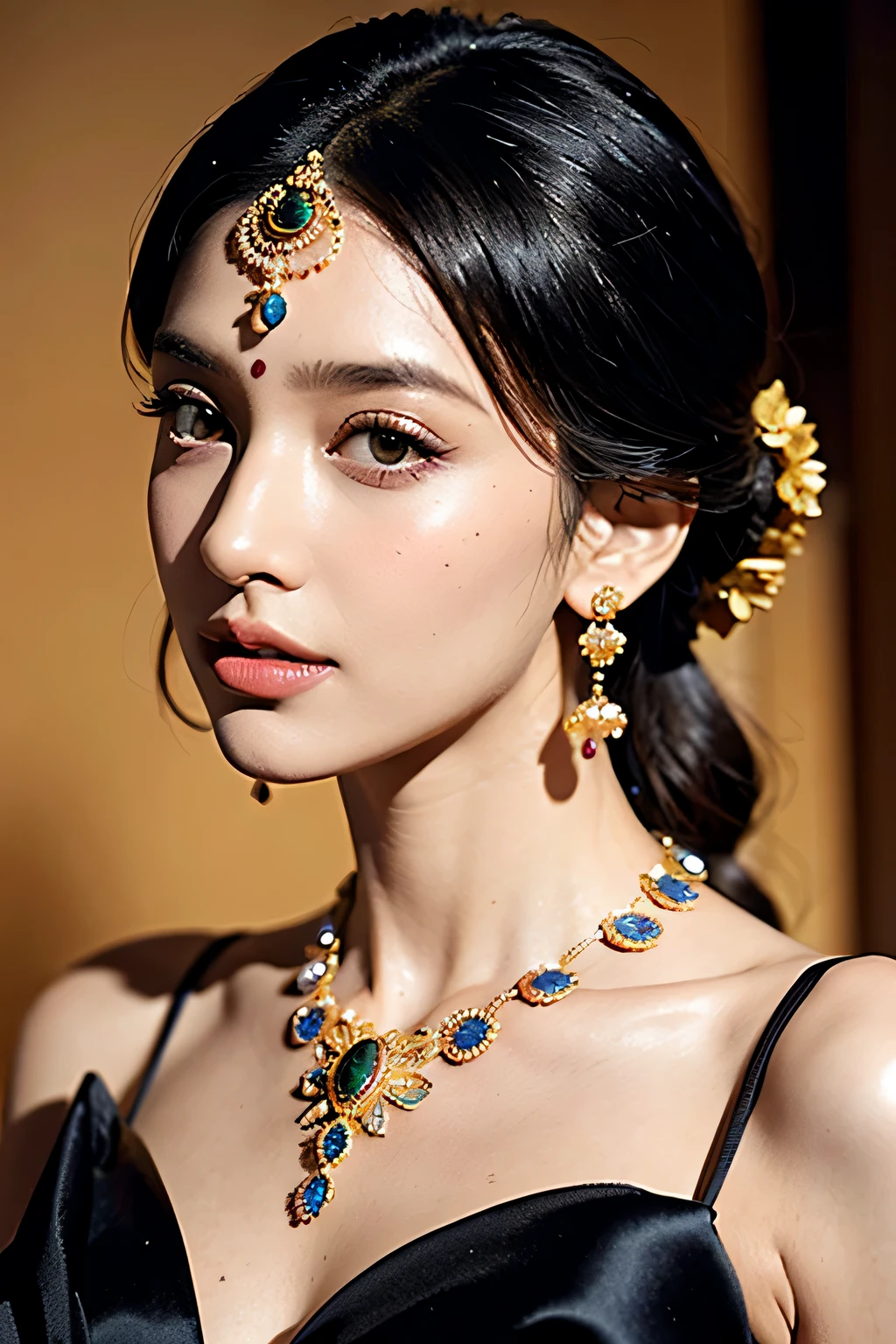 arafed woman in a sari with a necklace and a necklace, intricate set, adorned with precious stones, wearing intricate, intricate jewellery, with intricate details, intricate outfit, wearing elegant jewellery, intricate details. front on, black jewellery, detailed jewellery, high intricate details, photo of a hand jewellery model, close portrait, intricate beauty, intricate jewelry, side view intricate details
