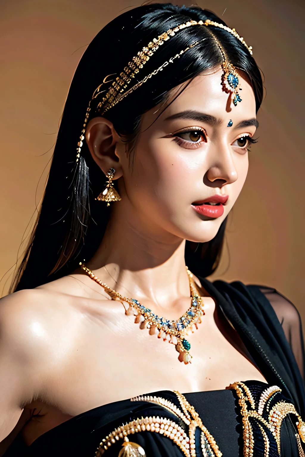 arafed woman in a sari with a necklace and a necklace, intricate set, adorned with precious stones, wearing intricate, intricate jewellery, with intricate details, intricate outfit, wearing elegant jewellery, intricate details. front on, black jewellery, detailed jewellery, high intricate details, photo of a hand jewellery model, close portrait, intricate beauty, intricate jewelry, side view intricate details
