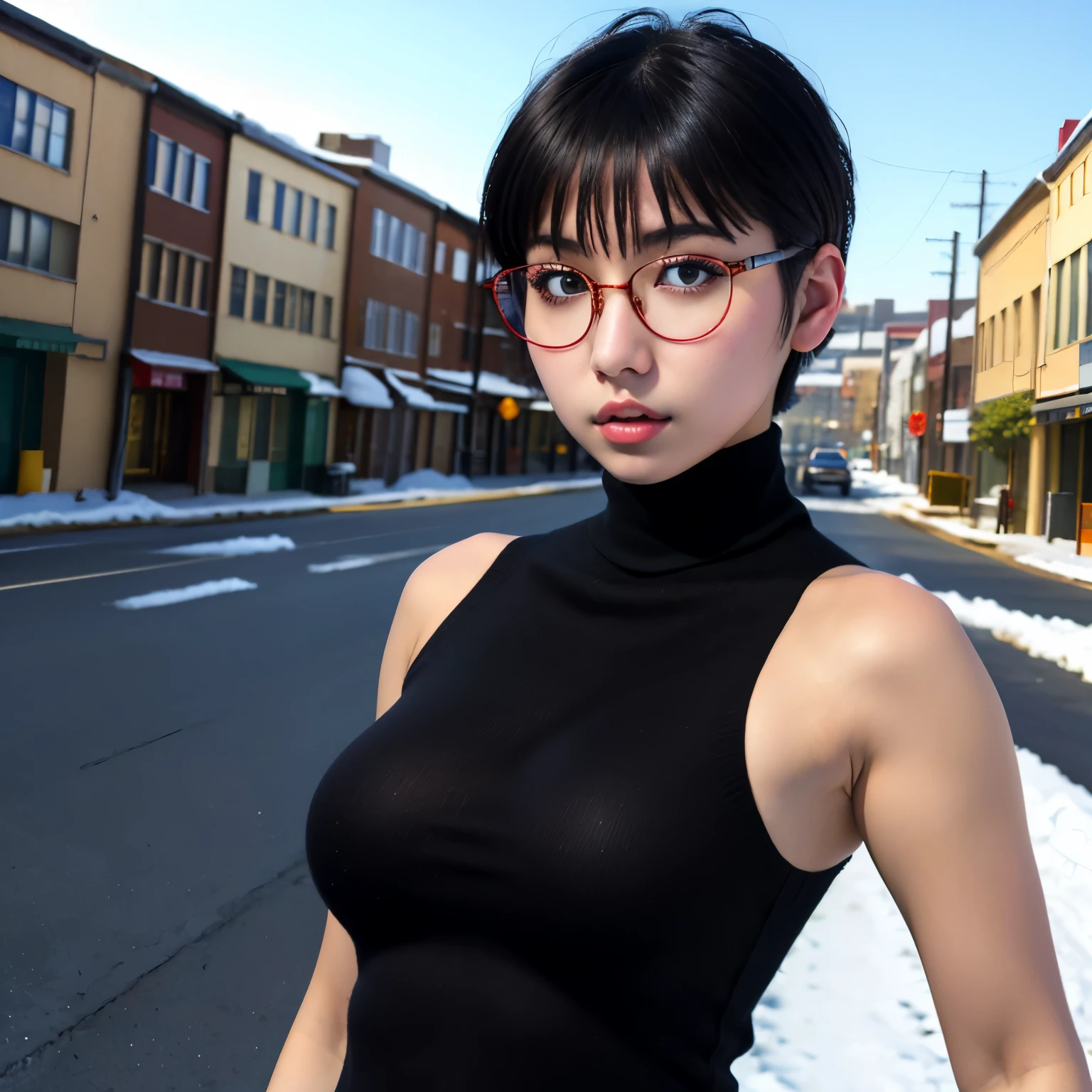 There is a woman in a black top and glasses standing on a street ...