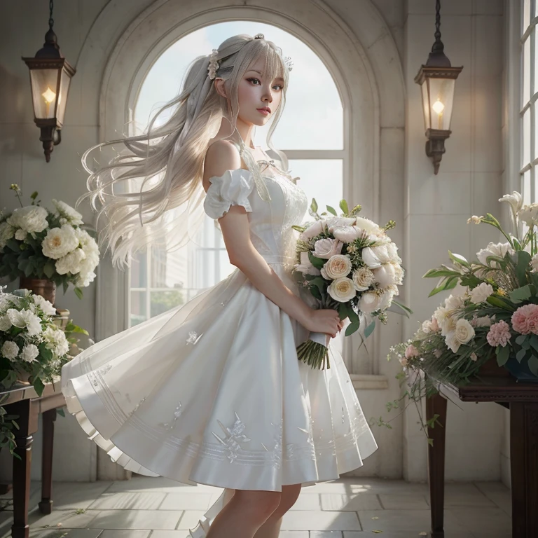 anime girl in a white dress holding a bouquet of flowers, in dress, anime key visual of elegant, cushart krenz key art feminine, white dress!! of silver hair, high detailed official artwork, official art, official anime artwork, guweiz on pixiv artstation, royal elegant pose, official artwork, guweiz, smooth anime cg art