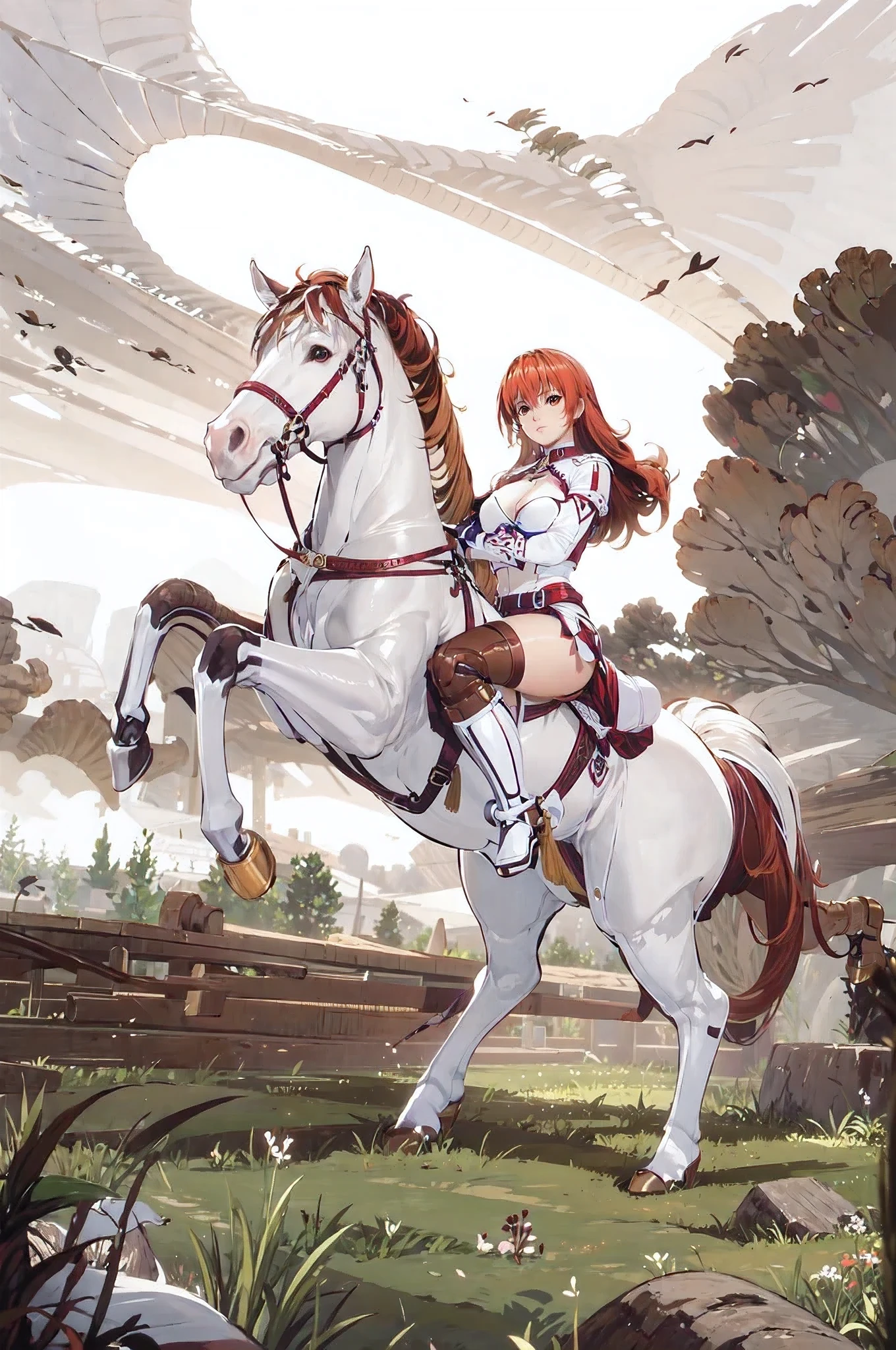 4k, masterpiece, realistic, anime style, cinematic, solo, long hair, straight hair, between eyes bangs, {red hair}, brown eyes, large breast, riding on a white horse, (white horse: 1.0, bridle, saddle, stir ups, reins: 1.2), grass land,(warrior armor, pink miniskirt, white boots), anatomically correct, breastplate